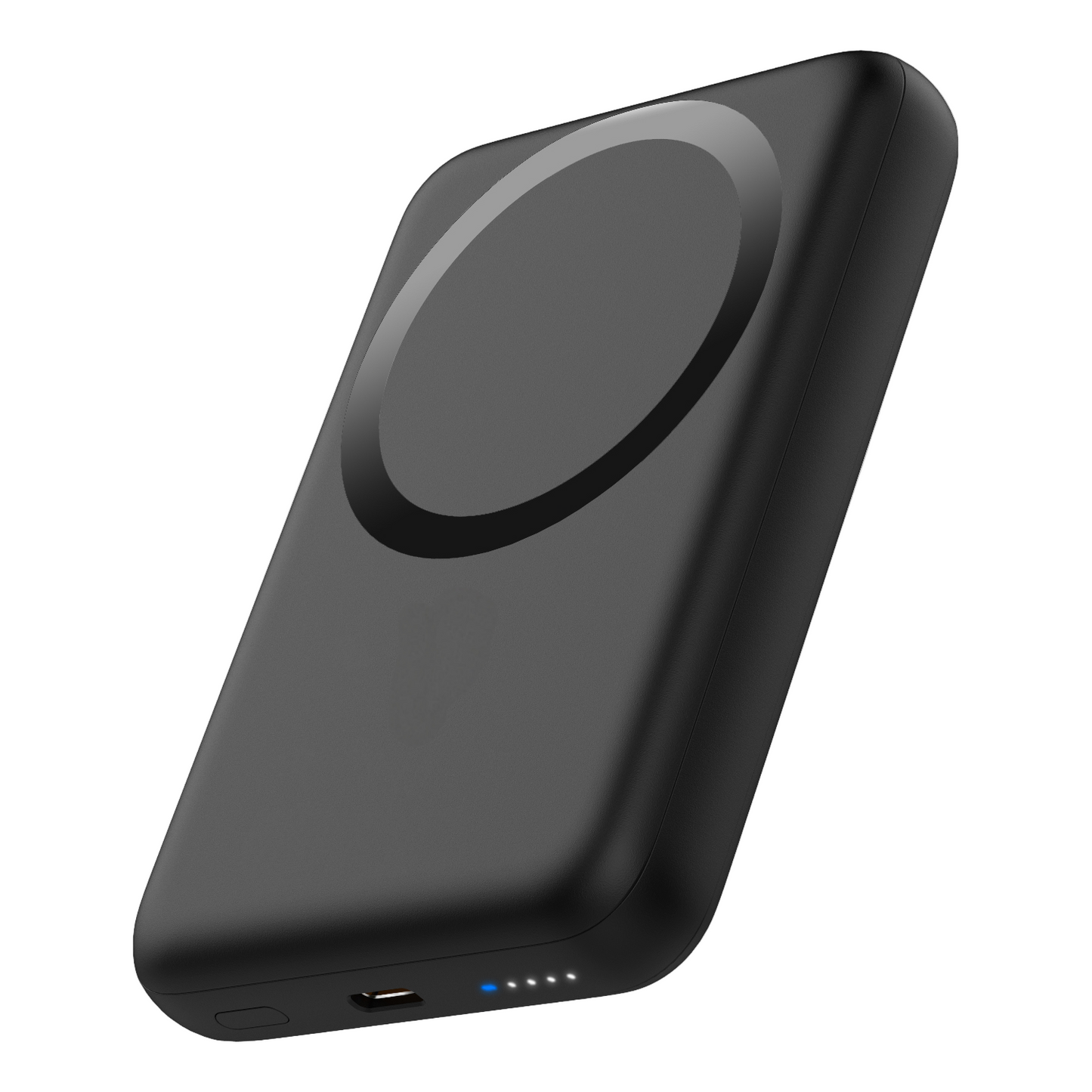 Black wireless charging pad on a white background