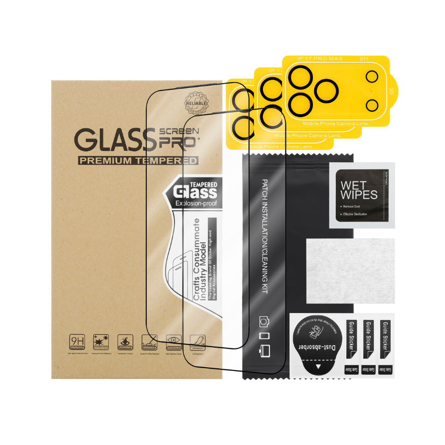 Screen protector kit with glass package, wet wipes, and installation tools on a white background