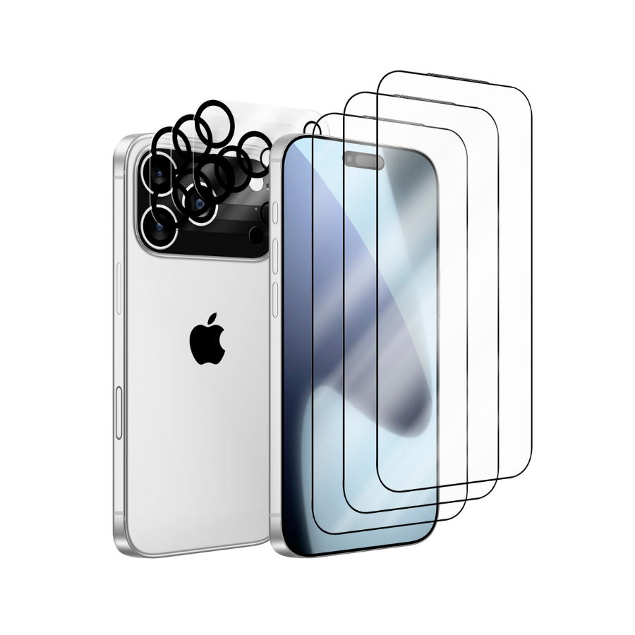 Smartphone with screen protectors and a clear case on a white background