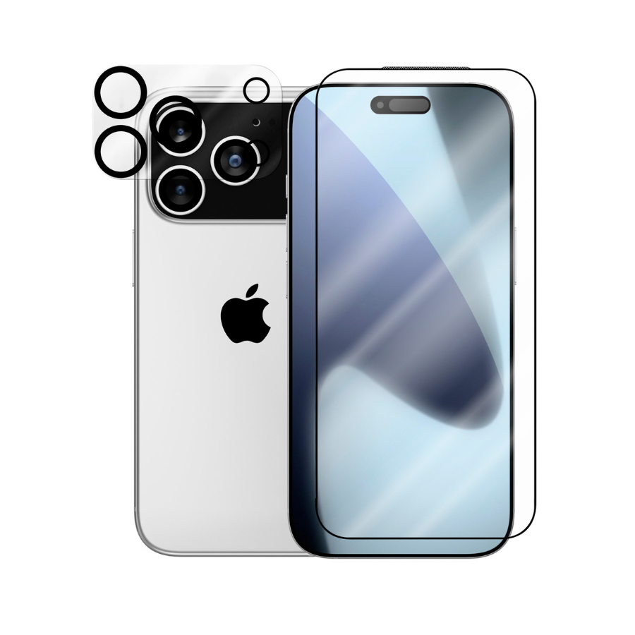 Smartphone with screen protector and camera lens protector on a white background