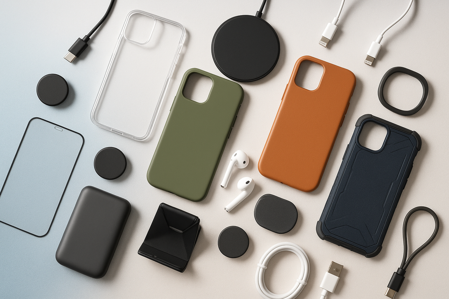 i want to see a lot of phone accessories like phone covers cables accessories screen covers with a nice backgorund