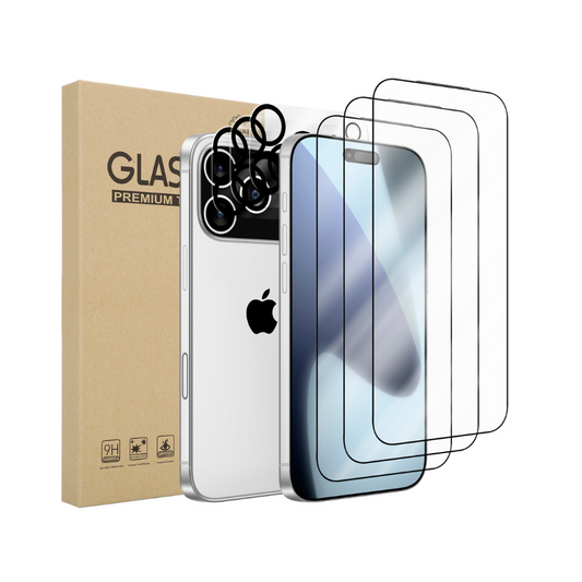 Smartphone with screen protectors and a cardboard box labeled 'GLASS PREMIUM' on a white background
